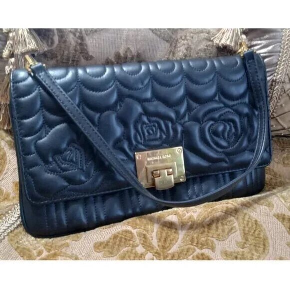 šLAST CHANCEā¼ļøMichael Kors Black Floral Embroidered Leather Shoulder Bag - Picture 1 of 16